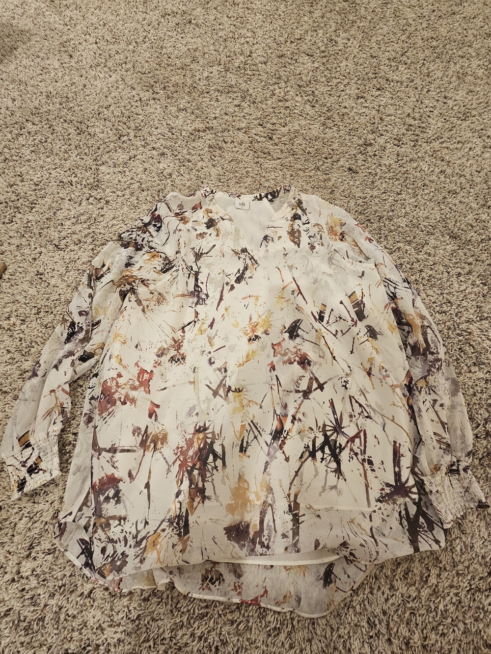 CAbi Abstract Brushstroke V-Neck Tunic - White with Rust, Mustard & Charcoal